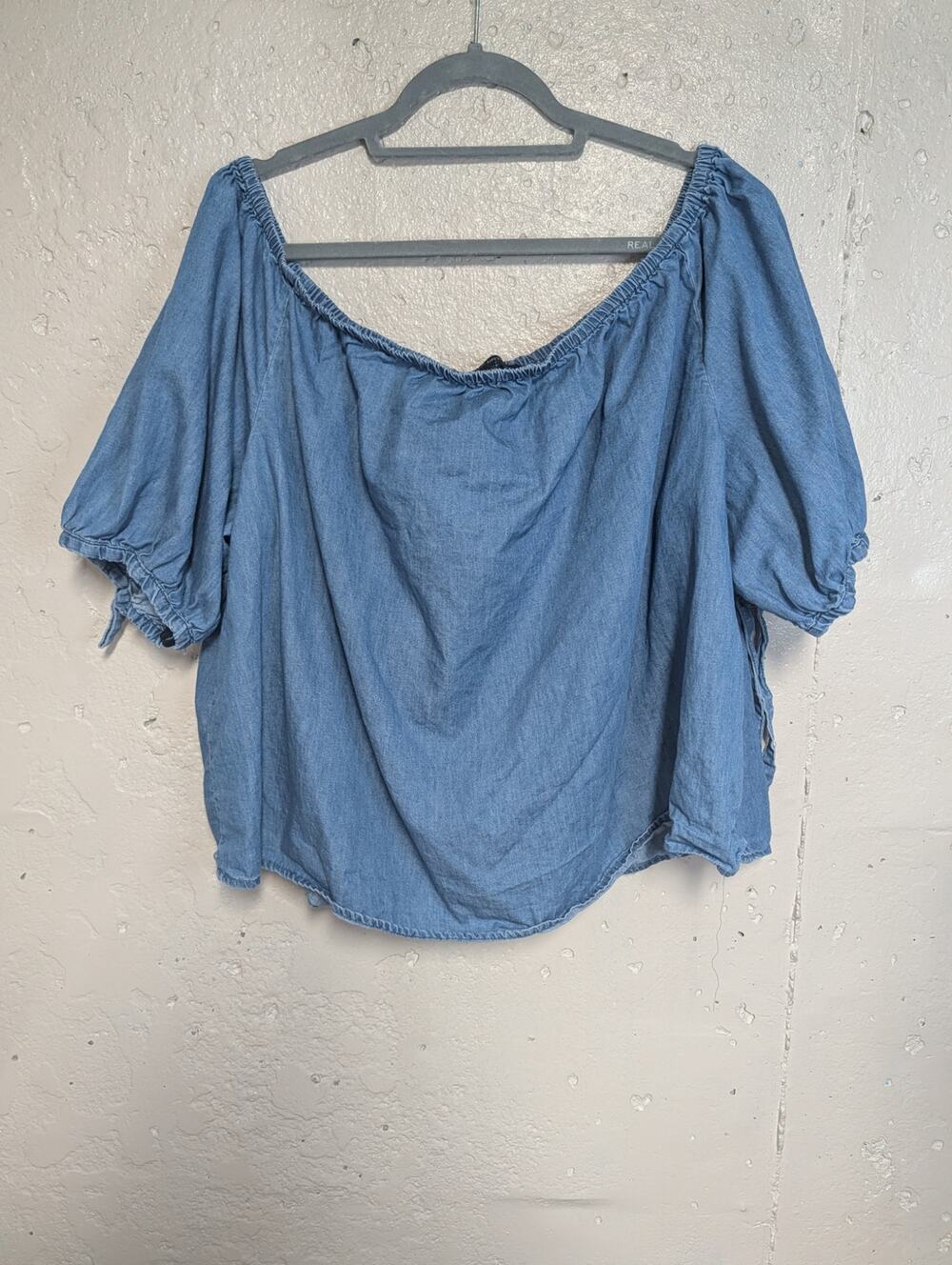 Lane Bryant Chambray Denim Peasant Blouse Puff Sleeve Plus Size 22/24
